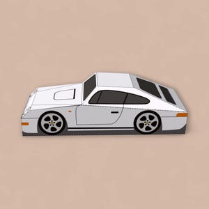 May include: A white sports car illustration with black wheels and windows. The car has a unique design with a flat roof and a distinctive front end. The background is a solid tan color.