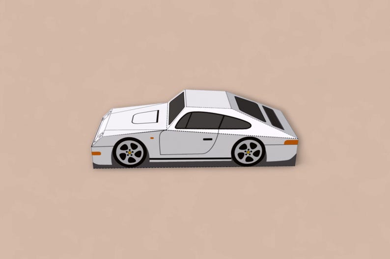 May include: A white sports car illustration with black wheels and windows. The car has a unique design with a flat roof and a distinctive front end. The background is a solid tan color.