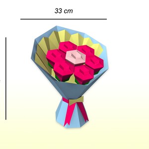 May include: A bouquet of pink paper roses in a blue and yellow paper wrapper with a pink ribbon. The bouquet is 33 inches wide and 40 inches tall.
