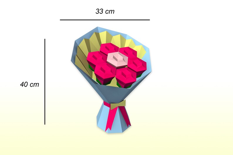 May include: A bouquet of pink paper roses in a blue and yellow paper wrapper with a pink ribbon. The bouquet is 33 inches wide and 40 inches tall.
