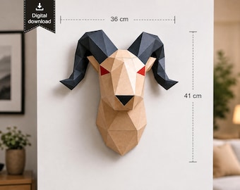 Papercraft Ram Trophy PDF Template | Low Poly Ram Head Wall Decor | 3D Paper Sculpture