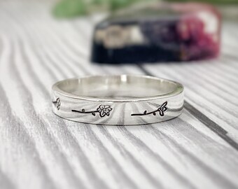 Personalised birth flower band, flower jewellery, sterling silver ring, band ring, stackable ring, hand stamped, gift for mum, wedding band