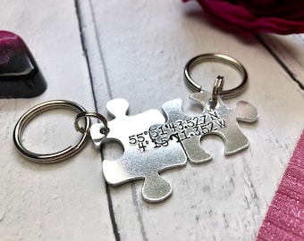 Coordinate gift, hand stamped coordinate jigsaw pieces keyring, coordinates, co-ordinates, places, couples keyring