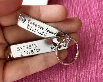 Hand stamped coordinate love keyring, coordinates, co-ordinates, places, couples keyring, mr and mrs