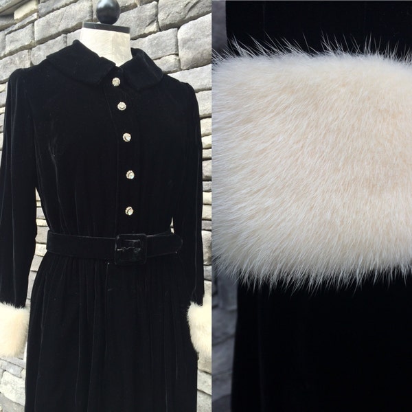 Vintage Black Velvet Belted Dress by Eloise Curtis, 1960s, Rhinestone Buttons, White Rabbit Fur Cuffs, Holiday Evening Dress