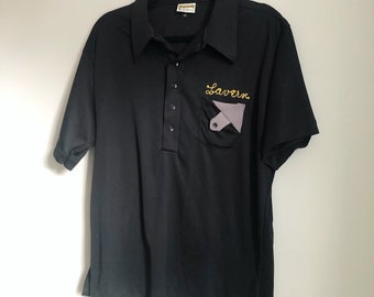 1970s Mens Bowling Shirt. Large XL. 70s Rockabilly Black Bowling Shirt. 60s/70s Button Up Shirt, Kramer Shirt, Fight Club Shirt