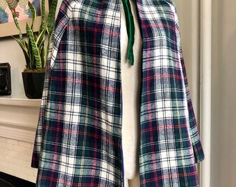 1960s Wool Tartan Cape. Plaid Poncho. Mod Tartan Wool Cape/Cloak. Short Length Cape, Velvet Trim for Winter Coat/Layer. Lots of Swing!