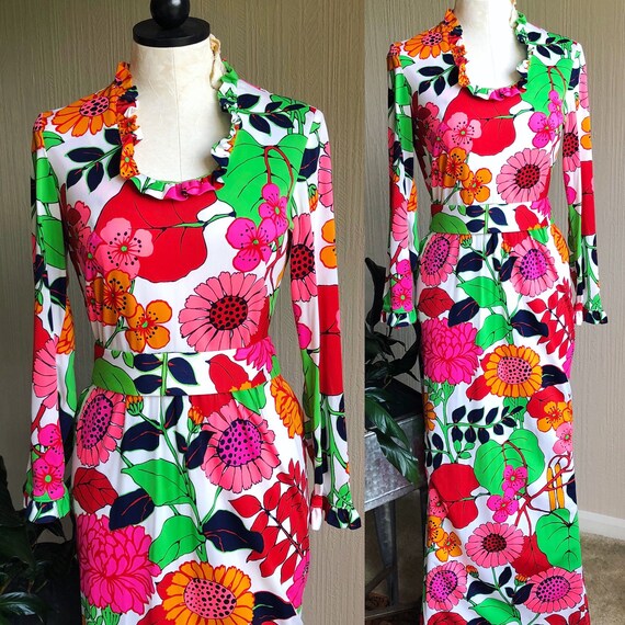 1960s Floral Maxi Dress. Medium. 60s Mad Men Dress