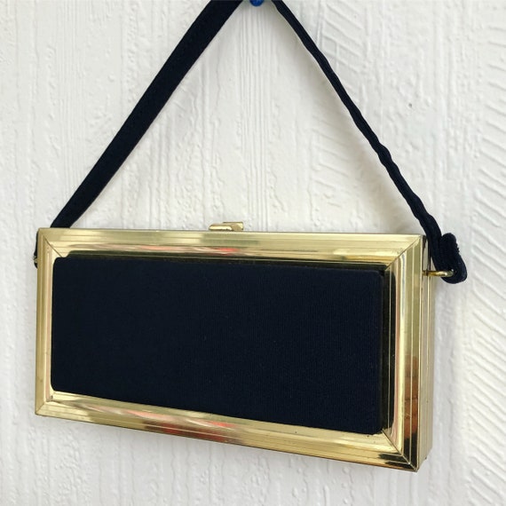 1940s Square Black Purse by Dover, Gold Trim Box P