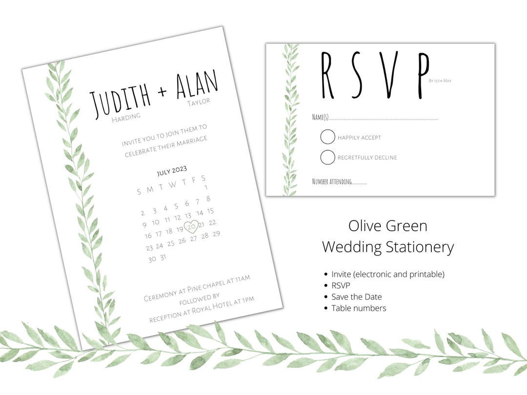 Printable Olive Green Wedding Invitation Set digital Download - Etsy