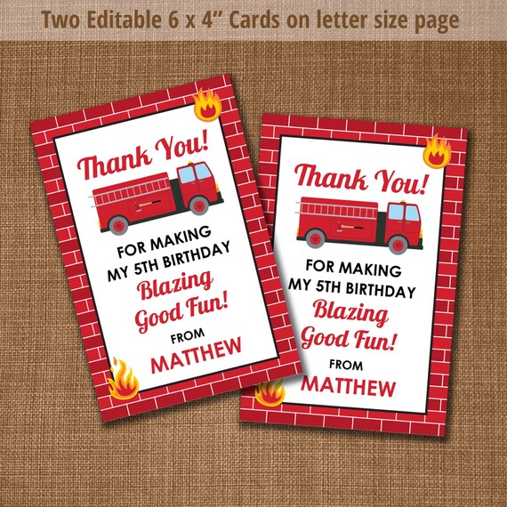 Firefighter Thank You Cards Firefighter Party Thank you | Etsy