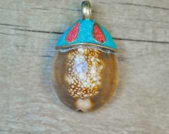 Mollusk Shell Pendant with Turquoise and Coral Accents