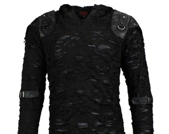 Shred look gothic men's hoodie with shoulder flaps