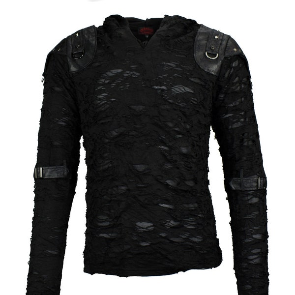 Shred look gothic men's hoodie with shoulder flaps