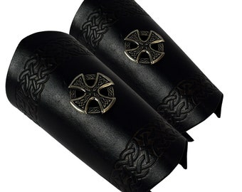 Pair of celtic cross leather bracer withembossed knotwork
