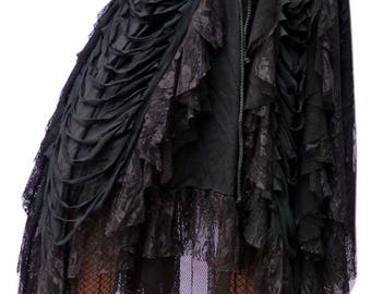 May include: Black skirt with multiple layers of lace and mesh fabric. The skirt has a ruffled hem and a drawstring waist.