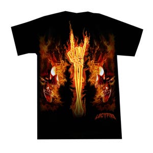 May include: Black t-shirt with a fiery design featuring two skulls and a skeletal hand making the rock and roll hand gesture. The text "LUCYFIRE" is printed on the bottom of the shirt.