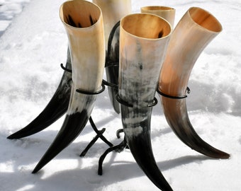 Viking drinking horns metal stand set with 6 polished horns each 300ml