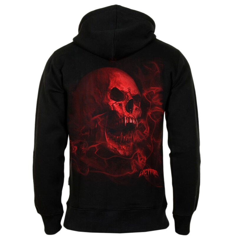 Puede incluir: Sudadera con capucha negra con un gr&aacute;fico de calavera roja en la espalda. La calavera est&aacute; rodeada de llamas y humo rojos.