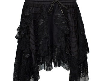 May include: Black lace skirt with a ruffled hem and a drawstring waist.
