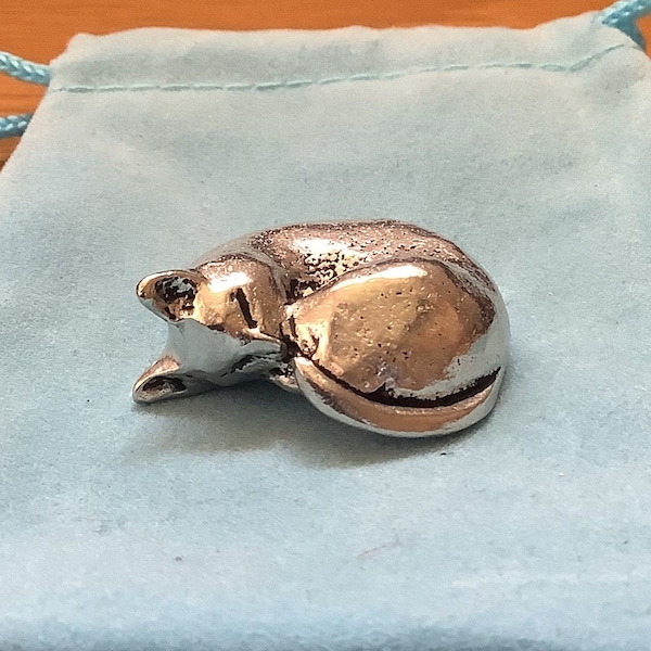 Sleeping Cat Quality Silver Pewter Small Statue