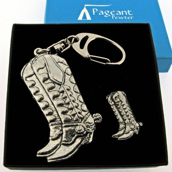 Cowboy Boots Silver Pewter Keyring And Pin Badge Gift Set