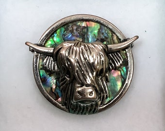 Highland Cow Head Inlaid Paua Shell Brooch