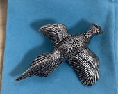 Large Flying Pheasant Silver Pewter Pin Badge With A Velveteen Gift Bag