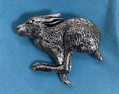 Large Running Hare Silver Pewter Pin Badge With A Velveteen Gift Bag