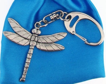 Dragonfly Silver Pewter Keyring In A Blue Satin Gift Bag