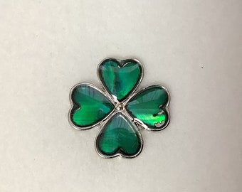 Stunning Green 4 Leaf Lucky Clover Inlaid Paua Shell Pin Badge