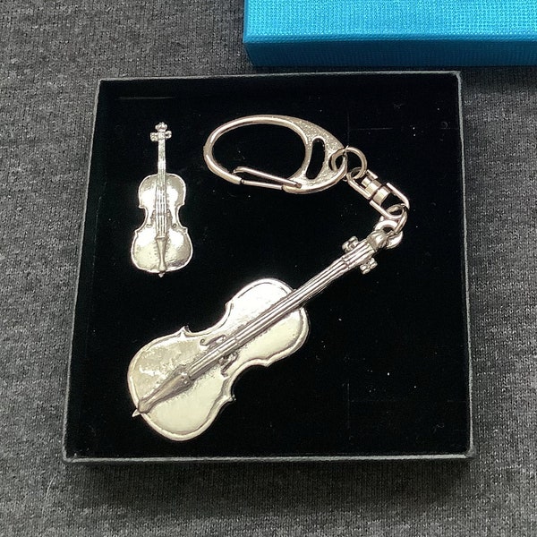 Cello Silver Pewter Keyring And Pin Badge Gift Set