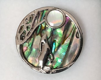Moon Gazing Hare Inlaid Paua Shell And Mother Of Pearl Brooch