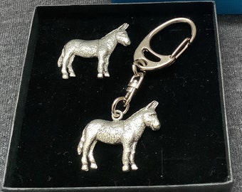 Donkey Silver Pewter Keyring And Pin Badge Gift Set