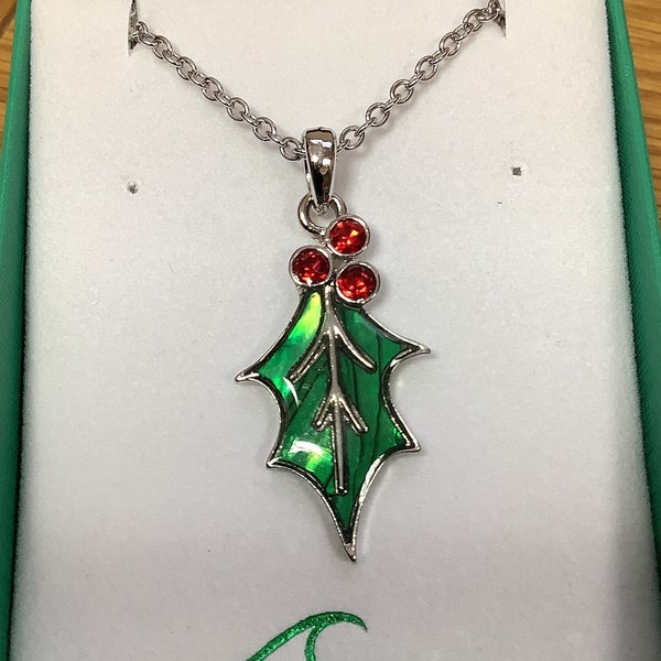 Christmas Holly Inlaid Paua Shell Pendant On A Chain