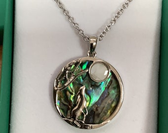 Moon Gazing Hare Inlaid Paua Shell Pendant On A Chain