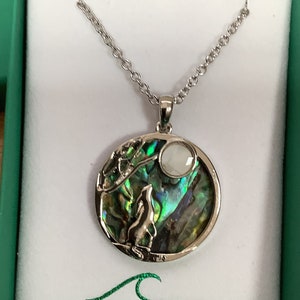 Moon Gazing Hare Inlaid Paua Shell Pendant On A Chain