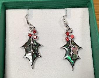 Christmas Holly Inlaid Paua Shell Hook Earrings