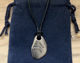 Neolithic Hunting Stag Pewter Pendant On A Waxed Cord In A Velveteen Gift Bag