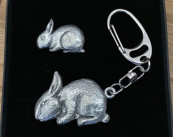 Rabbit Silver Pewter Keyring And Pin Badge Gift Set