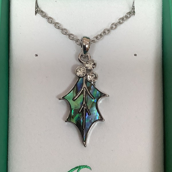 Christmas Holly Inlaid Paua Shell Pendant On A Chain