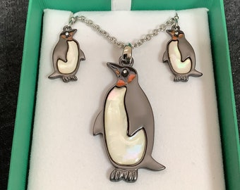 Emperor Penguin Mother Of Pearl Shell Pendant And Earrings Set