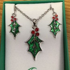 Christmas Holly Inlaid Paua Shell Pendant On A Chain And Matching Hook Earrings