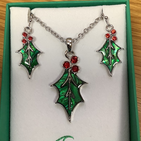 Christmas Holly Inlaid Paua Shell Pendant On A Chain And Matching Hook Earrings