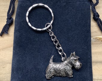 Scottish Terrier Silver Pewter Keychain With A Velveteen Gift Bag