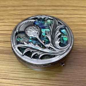 Beautiful Scottish Thistle Inlaid Paua Shell Pill Box With Mirror