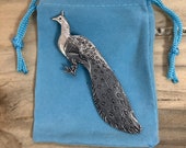 Large Peacock Silver Pewter Pin Badge With A Velveteen Gift Bag
