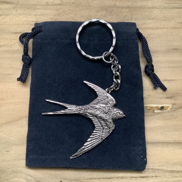 Swallow Silver Pewter Keychain With A Velveteen Gift Bag