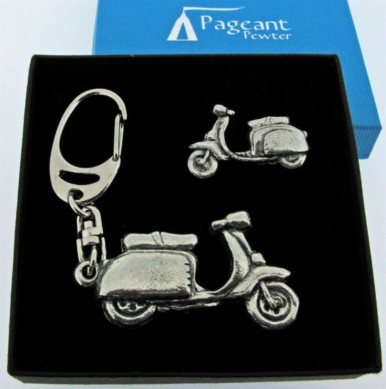 Vespa Silver Pewter Keyring and Pin Badge Gift Set