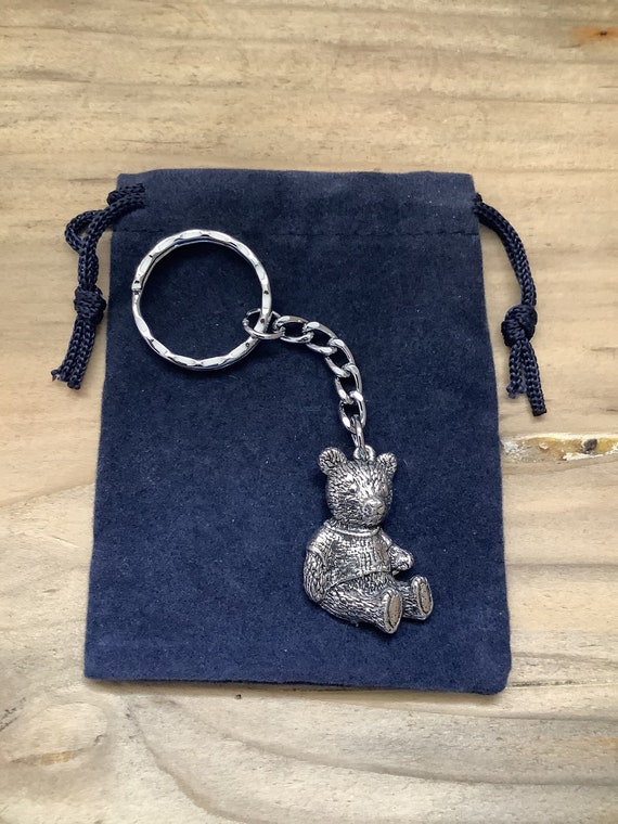 Teddy Bear Silver Pewter Keychain With A Velveteen Gift Bag - Etsy